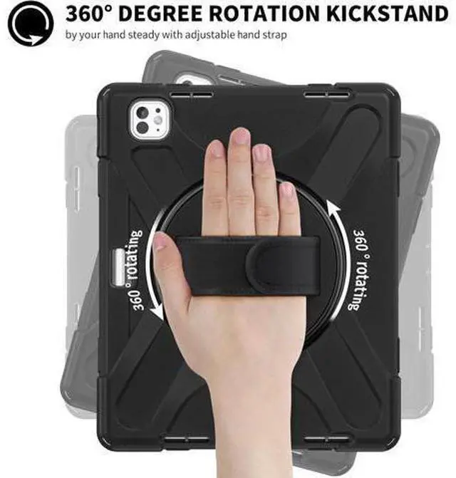 Alt view image 3 of 7 - Case for iPad Pro 13-inch (2024) M4 Chip Model A2925 Heavy Duty Rugged Durability Silicone Tablet Cover with 360° Rotating Hand Strap Foldable Hidden Stand & Shoulder Strap, Black