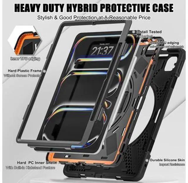 Alt view image 2 of 7 - Case for iPad Pro 13-inch (2024) M4 Chip Model A2925 Heavy Duty Rugged Durability Silicone Tablet Cover with 360° Rotating Hand Strap Foldable Hidden Stand & Shoulder Strap, Black