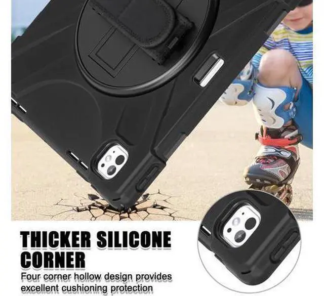 Alt view image 4 of 7 - Case for iPad Pro 13-inch (2024) M4 Chip Model A2925 Heavy Duty Rugged Durability Silicone Tablet Cover with 360° Rotating Hand Strap Foldable Hidden Stand & Shoulder Strap, Black