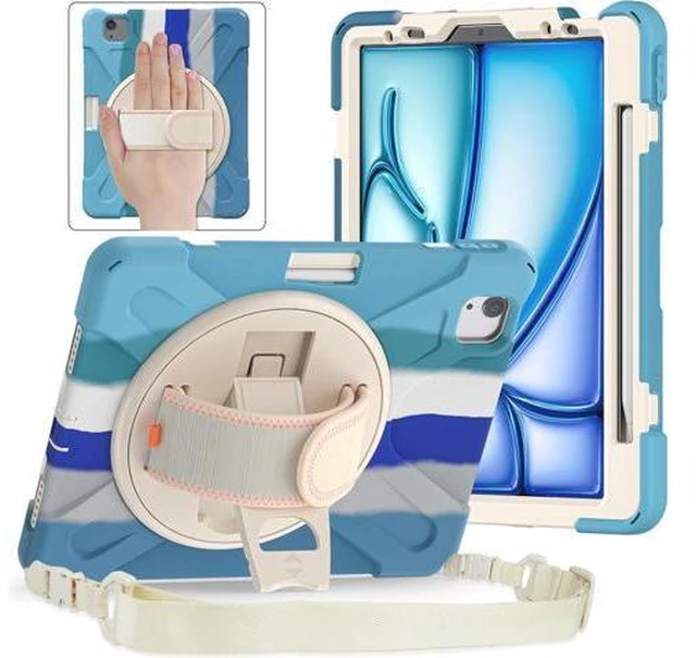 Main image of Case for iPad Air 13-inch (2024) M2 Chip Model A2898 Heavy Duty Rugged Durability Silicone Tablet Cover with 360° Rotating Hand Strap Foldable Hidden Stand & Shoulder Strap, Colorful Blue