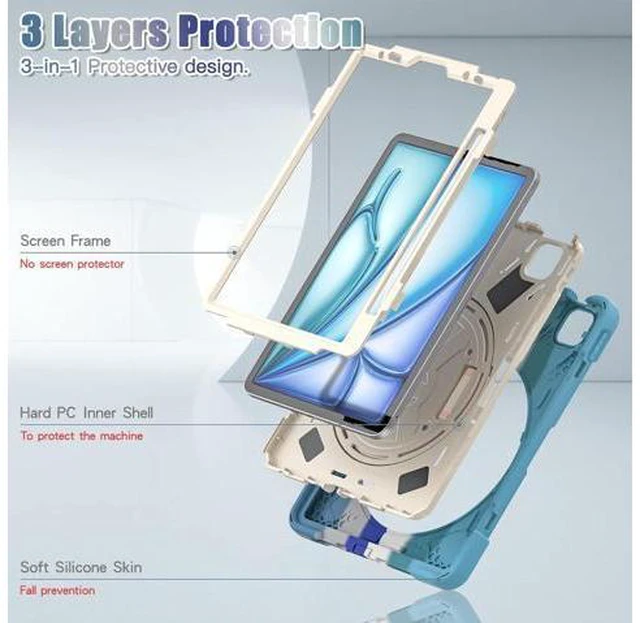 Alt view image 2 of 7 - Case for iPad Air 13-inch (2024) M2 Chip Model A2898 Heavy Duty Rugged Durability Silicone Tablet Cover with 360° Rotating Hand Strap Foldable Hidden Stand & Shoulder Strap, Colorful Blue