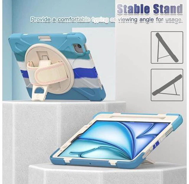 Alt view image 3 of 7 - Case for iPad Air 13-inch (2024) M2 Chip Model A2898 Heavy Duty Rugged Durability Silicone Tablet Cover with 360° Rotating Hand Strap Foldable Hidden Stand & Shoulder Strap, Colorful Blue