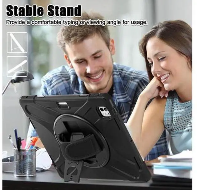 Alt view image 7 of 7 - Case for iPad Pro 13-inch (2024) M4 Chip Model A2925 Heavy Duty Rugged Durability Silicone Tablet Cover with 360° Rotating Hand Strap Foldable Hidden Stand & Shoulder Strap, Black