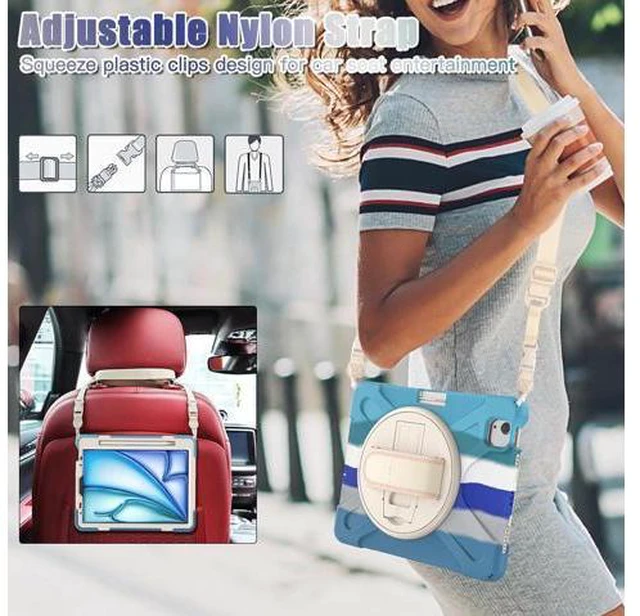 Alt view image 6 of 7 - Case for iPad Air 13-inch (2024) M2 Chip Model A2898 Heavy Duty Rugged Durability Silicone Tablet Cover with 360° Rotating Hand Strap Foldable Hidden Stand & Shoulder Strap, Colorful Blue
