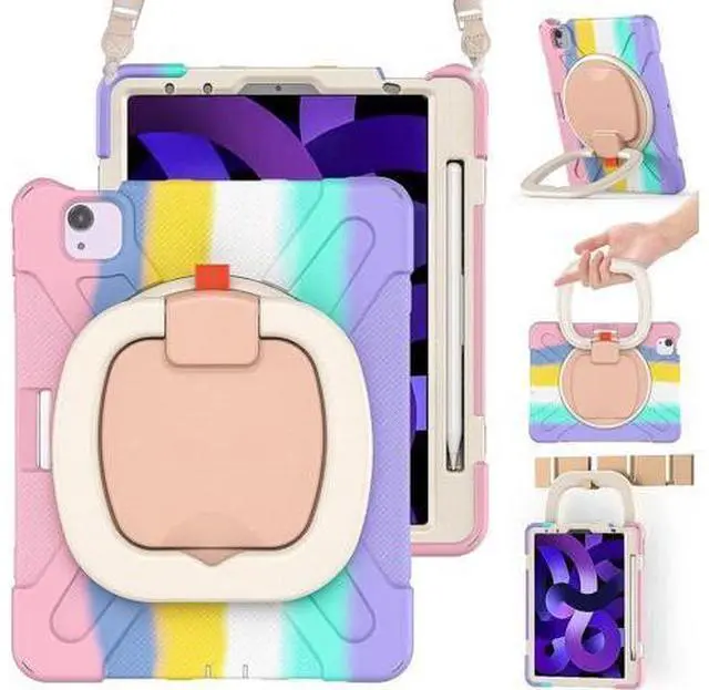 Main image of Case for iPad Air 5th/4th Generation 2022/2020, iPad Pro 11 4th/3rd/2nd/1st Gen Case 2022/2021/2020/2018, Rugged Silicone Cover with Pencil Holder/Stable Kickstand/Shoulder Strap -Colorful Pink