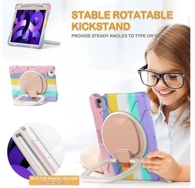 Alt view image 3 of 6 - Case for iPad Air 5th/4th Generation 2022/2020, iPad Pro 11 4th/3rd/2nd/1st Gen Case 2022/2021/2020/2018, Rugged Silicone Cover with Pencil Holder/Stable Kickstand/Shoulder Strap -Colorful Pink