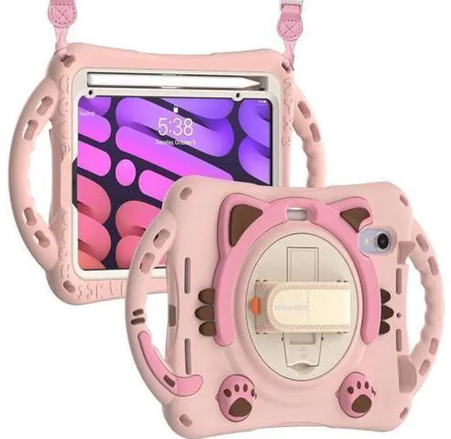 Main image of Kids Case for Apple iPad Mini 6 8.3 Inch 2021, Silicone Shockproof Protective Boy Girl Cover with Pencil Holder Handle Grip Hand Strap Kickstand Shoulder Strap for Model A2567 A2568 A2569-Pink