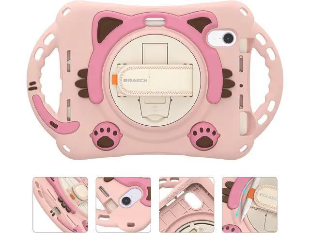 Alt view image 3 of 6 - Kids Case for Apple iPad Mini 6 8.3 Inch 2021, Silicone Shockproof Protective Boy Girl Cover with Pencil Holder Handle Grip Hand Strap Kickstand Shoulder Strap for Model A2567 A2568 A2569-Pink