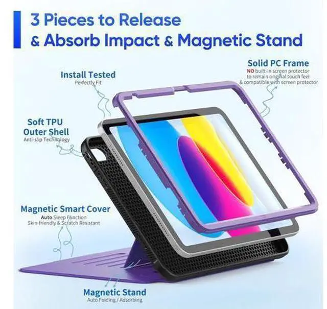 Alt view image 5 of 7 - Pad 10th Generation Case 10.9'', Strong Magnetic Auto Sleep Shockproof Case with Absorbing Multi-Angles Stand, Pen Holder, Card Slot for Pad 10.9 Inch 2022 (Purple)