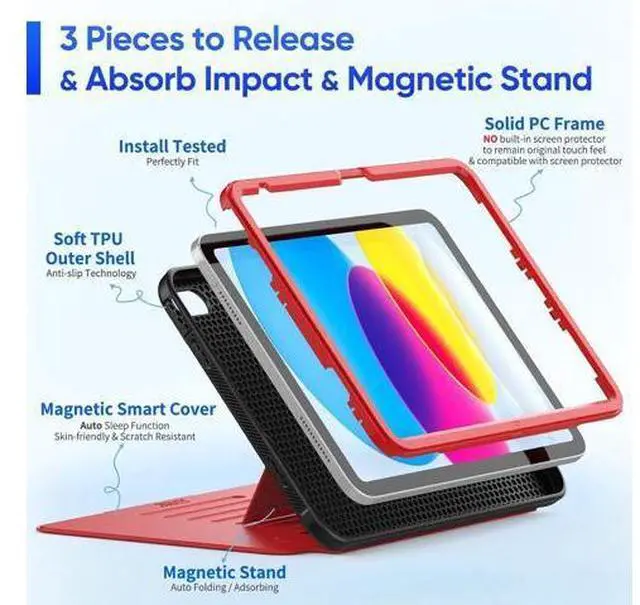 Alt view image 4 of 6 - Pad 10th Generation Case 10.9'', Strong Magnetic Auto Sleep Shockproof Case with Absorbing Multi-Angles Stand, Pen Holder, Card Slot for Pad 10.9 Inch 2022 (Red)