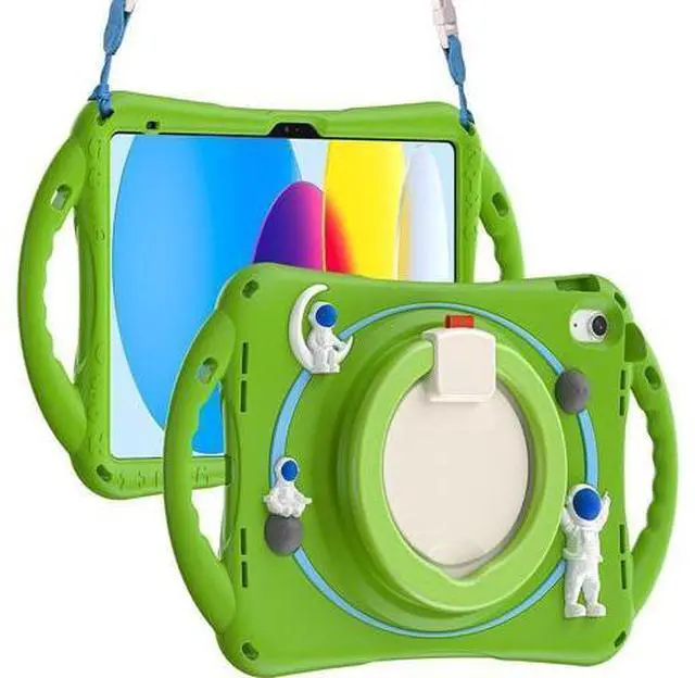 Main image of 3D Kawaii Astronauts Case for iPad 10th Generation 10.9 Inch 2022 A2696 A2757 A2777, Silicone Kids Boys Spaceman Case with Pencil Holder,Carrying Shoulder Strap,Handle Grip,Kickstand-Frog Green