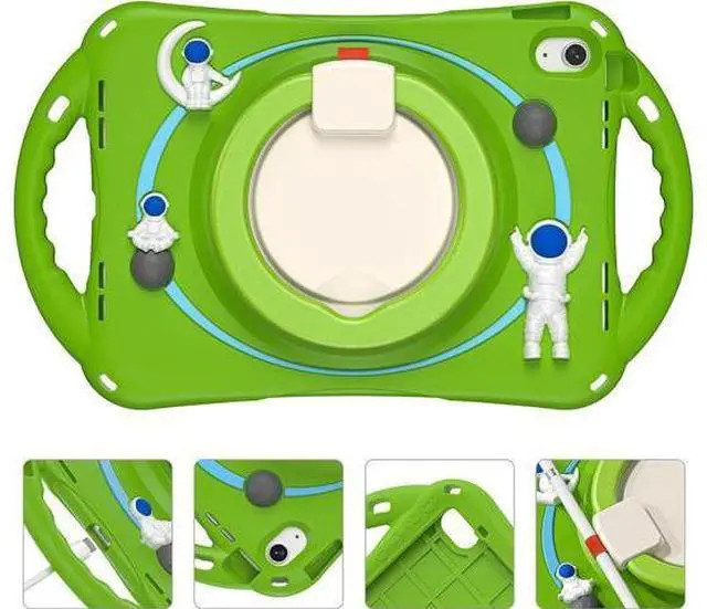 Alt view image 3 of 7 - 3D Kawaii Astronauts Case for iPad 10th Generation 10.9 Inch 2022 A2696 A2757 A2777, Silicone Kids Boys Spaceman Case with Pencil Holder,Carrying Shoulder Strap,Handle Grip,Kickstand-Frog Green