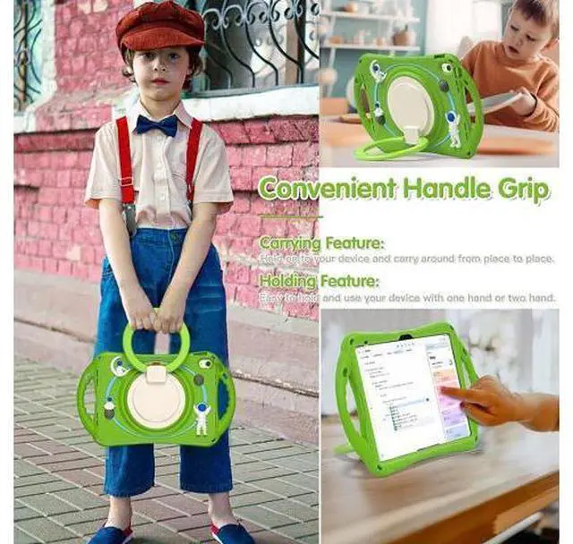 Alt view image 4 of 7 - 3D Kawaii Astronauts Case for iPad 10th Generation 10.9 Inch 2022 A2696 A2757 A2777, Silicone Kids Boys Spaceman Case with Pencil Holder,Carrying Shoulder Strap,Handle Grip,Kickstand-Frog Green