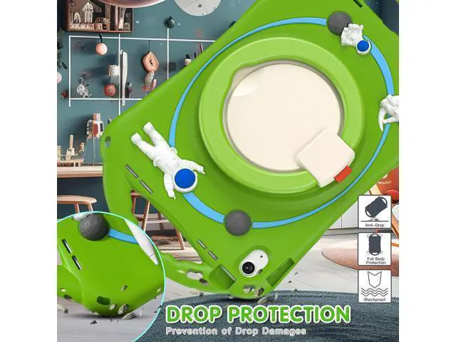 Alt view image 6 of 7 - 3D Kawaii Astronauts Case for iPad 10th Generation 10.9 Inch 2022 A2696 A2757 A2777, Silicone Kids Boys Spaceman Case with Pencil Holder,Carrying Shoulder Strap,Handle Grip,Kickstand-Frog Green