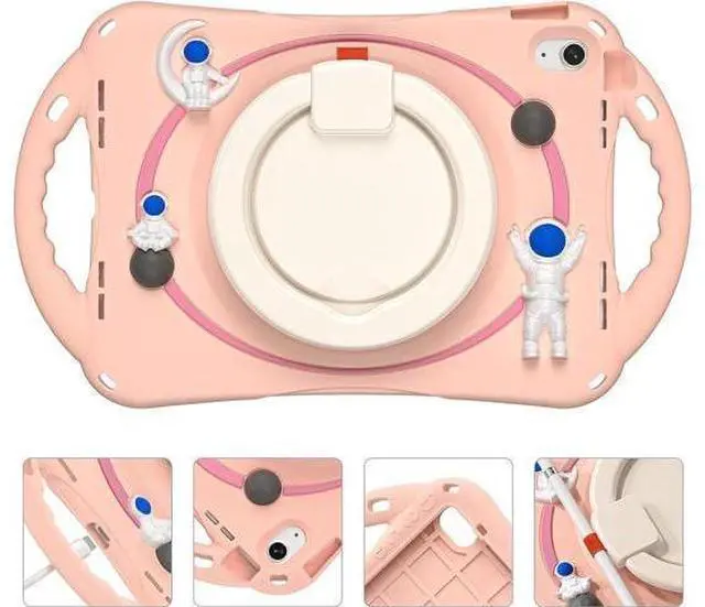Alt view image 3 of 7 - 3D Cute Space Astronauts Case for iPad 10th Generation 10.9 Inch 2022 A2696 A2757 A2777, Silicone Kids Girls Spaceman Case with Pencil Holder,Carrying Shoulder Strap,Handle Grip,Kickstand-Pink