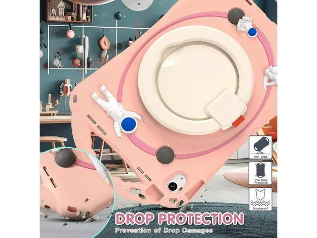 Alt view image 6 of 7 - 3D Cute Space Astronauts Case for iPad 10th Generation 10.9 Inch 2022 A2696 A2757 A2777, Silicone Kids Girls Spaceman Case with Pencil Holder,Carrying Shoulder Strap,Handle Grip,Kickstand-Pink