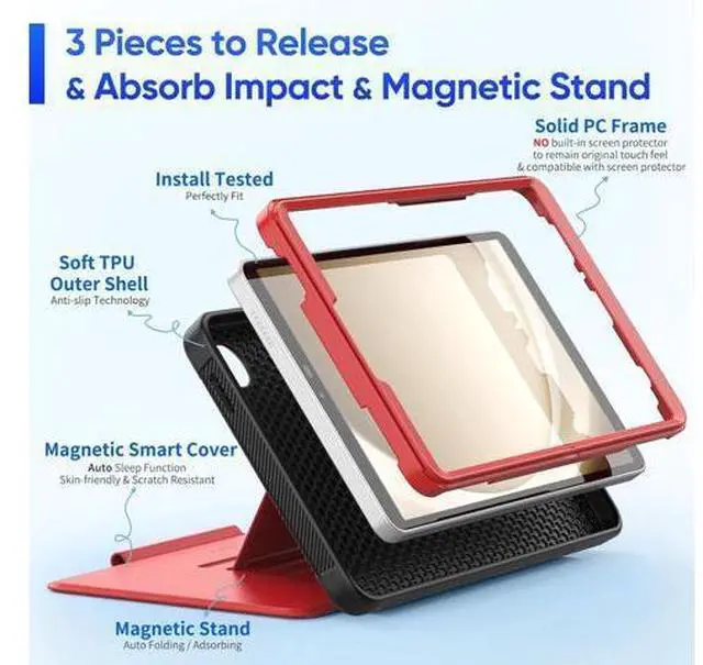 Alt view image 6 of 7 - for Galaxy Tab A9 5G Tablet Case 8.7'', Smart Auto Sleep Cover with Magnetic Multi-Angles Stand, Card Slot for Galaxy Tab A9 8.7'' SM-X110/X115/X117 (Red)