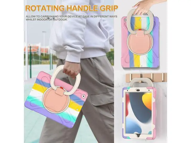 Alt view image 4 of 7 - New iPad 10.2 Case for 2021 iPad 9th Generation, Shockproof Protective Silicone Cover with Pencil Holder &Rotating Handle Grip &Shoulder Strap for iPad 9th/8th/7th Generation, Colourful Pink