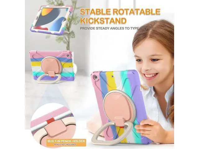 Alt view image 3 of 7 - New iPad 10.2 Case for 2021 iPad 9th Generation, Shockproof Protective Silicone Cover with Pencil Holder &Rotating Handle Grip &Shoulder Strap for iPad 9th/8th/7th Generation, Colourful Pink