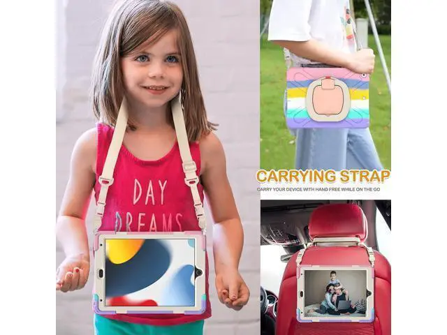 Alt view image 5 of 7 - New iPad 10.2 Case for 2021 iPad 9th Generation, Shockproof Protective Silicone Cover with Pencil Holder &Rotating Handle Grip &Shoulder Strap for iPad 9th/8th/7th Generation, Colourful Pink