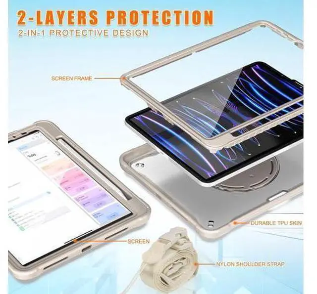 Alt view image 4 of 7 - Case for iPad Pro 12.9-inch 2022 6th M2 /2021 (5rd Generation) / iPad Pro 12.9" 4th/3rd Gen Heavy Duty Rugged Shockproof Tablet Cover with 360° Rotating Hand Strap & Shoulder Strap, Khaki
