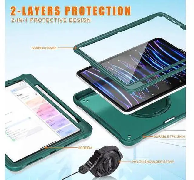 Alt view image 4 of 7 - Case for iPad Pro 12.9-inch 2022 6th M2 /2021 (5rd Generation) / iPad Pro 12.9" 4th/3rd Gen Heavy Duty Rugged Shockproof Tablet Cover with 360° Rotating Hand Strap & Shoulder Strap, Teal