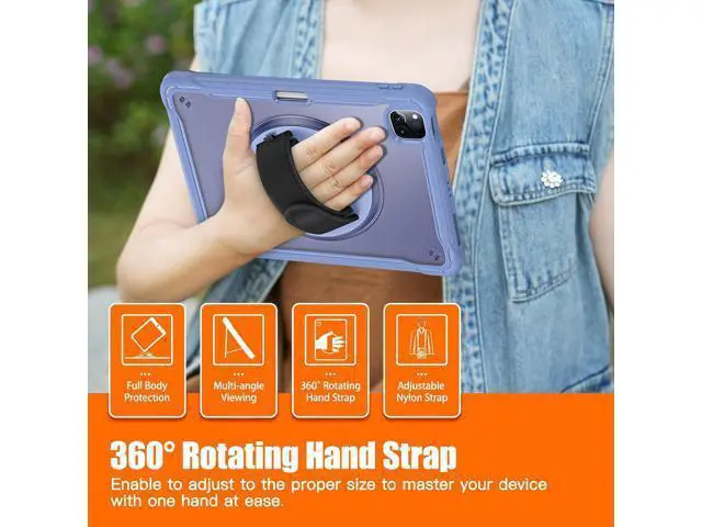 Alt view image 5 of 7 - Case for iPad Pro 12.9-inch 2022 6th M2 /2021 (5rd Generation) / iPad Pro 12.9" 4th/3rd Gen Heavy Duty Rugged Shockproof Tablet Cover with 360° Rotating Hand Strap & Shoulder Strap, Lavender