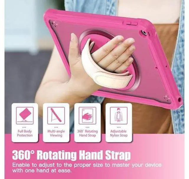 Alt view image 5 of 7 - Case for iPad 10.2 inch 9th / 8th / 7th Generation (2021/2020 / 2019) Heavy Duty Rugged Shockproof Tablet Cover with 360° Rotating Hand Strap Foldable Hidden Stand & Shoulder Strap, Pink