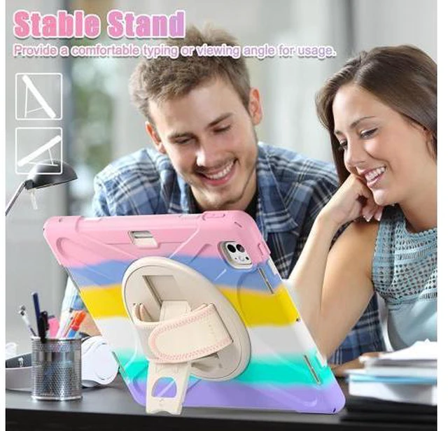 Alt view image 7 of 7 - Case for iPad Pro 13-inch (2024) M4 Chip Model A2925 Heavy Duty Rugged Durability Silicone Tablet Cover with 360° Rotating Hand Strap Foldable Hidden Stand & Shoulder Strap, Colorful Pink
