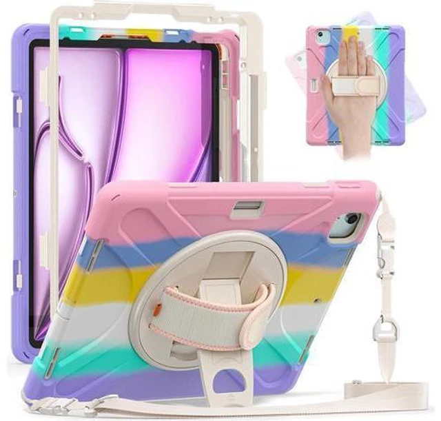 Main image of Case for iPad Air 13-inch (2024) M2 Chip Model A2898 Heavy Duty Rugged Durability Silicone Tablet Cover with 360° Rotating Hand Strap Foldable Hidden Stand & Shoulder Strap, Colorful Pink