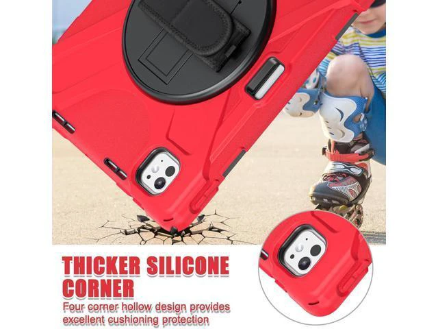 Alt view image 4 of 7 - Case for iPad Pro 13-inch (2024) M4 Chip Model A2925/A2926 Heavy Duty Rugged Durability Silicone Tablet Cover with 360° Rotating Hand Strap Foldable Hidden Stand & Shoulder Strap, Red
