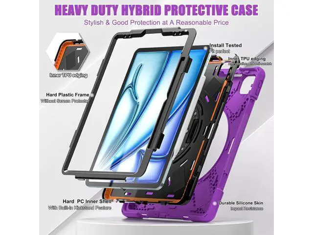 Alt view image 2 of 7 - Case for iPad Air 13 inch (2024) M2 Chip Model A2898/A2899 Heavy Duty Rugged Durability Silicone Tablet Cover with 360° Rotating Hand Strap Foldable Hidden Stand & Shoulder Strap, Purple