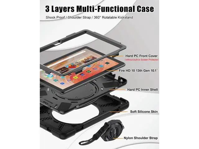 Alt view image 3 of 7 - Shockproof Case for Amazon Fire HD 10 Tablet 10.1 (Only fits 13th generation tablet, 2023 release), Rugged Silicone Cover with 360 Rotating Kickstand & Handle Grip, Shoulder Strap, Black