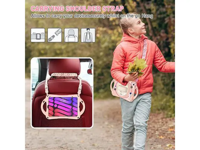 Alt view image 5 of 7 - Kid Case for New iPad Mini 6(8.3 inch 2021), Shockproof Rubber Mini 6 Case A2567/A2568/A2569 with Pencil Holder+Kickstand+Hand Strap+Shoulder Belt Handle Grip, Pink