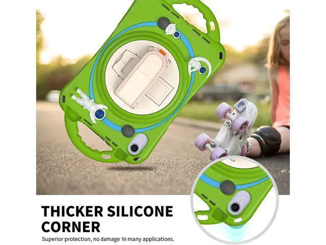 Alt view image 6 of 7 - Kid Case for New iPad Mini 6(8.3 inch 2021), Shockproof Silicone Mini 6 Case A2567/A2568/A2569 with Pencil Holder+Kickstand+Hand Strap+Shoulder Belt Handle Grip, Glass Green