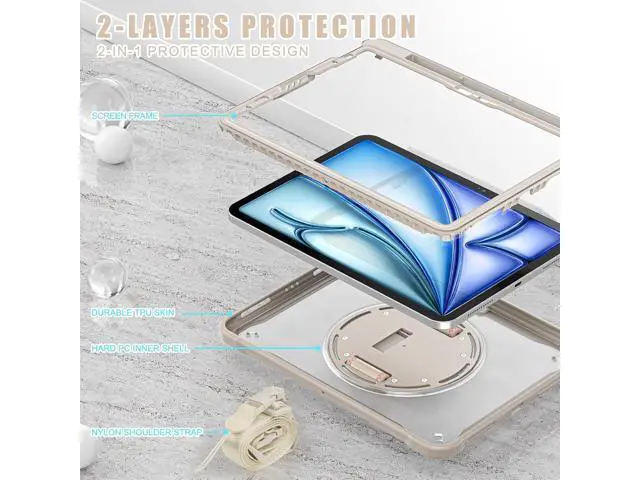 Alt view image 3 of 7 - iPad Air 11 inch Case 2024 M2 Chip Dual-Layer Protective Tablet Cover,Lightweight Durable,Shock-Absorbing Corners with 360° Rotating Hand Strap and Hidden Kickstand & Shoulder Strap, Khaki