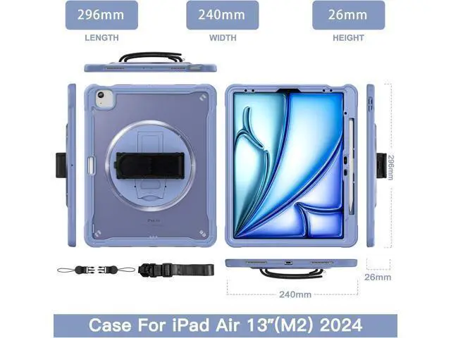 Alt view image 2 of 7 - iPad Air 13 inch Case 2024 M2 Chip Dual-Layer Protective Tablet Cover,Lightweight Durable,Shock-Absorbing Corners with 360° Rotating Hand Strap and Hidden Kickstand & Shoulder Strap, Lavender