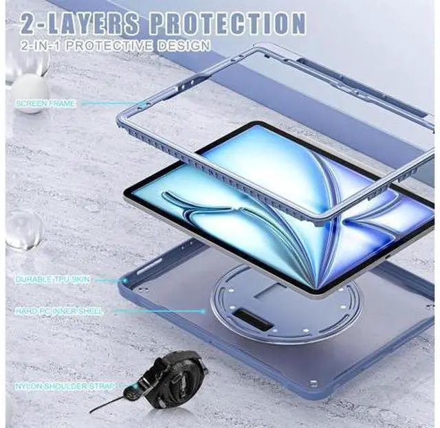 Alt view image 3 of 7 - iPad Air 13 inch Case 2024 M2 Chip Dual-Layer Protective Tablet Cover,Lightweight Durable,Shock-Absorbing Corners with 360° Rotating Hand Strap and Hidden Kickstand & Shoulder Strap, Lavender