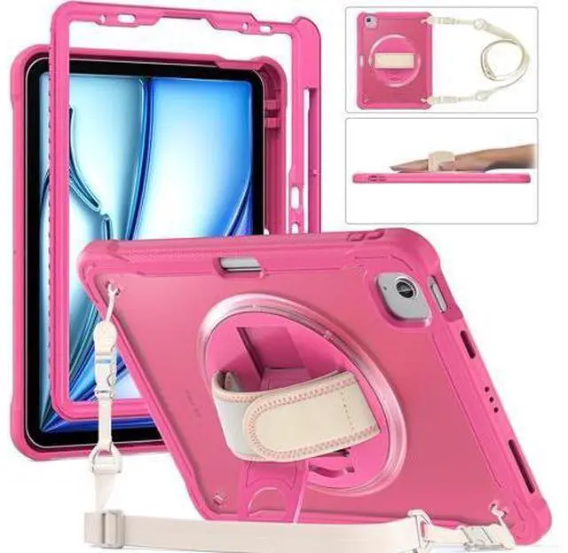 Main image of iPad Air 11 inch Case 2024 M2 Chip Dual-Layer Protective Tablet Cover,Lightweight Durable,Shock-Absorbing Corners with 360° Rotating Hand Strap and Hidden Kickstand & Shoulder Strap, Pink