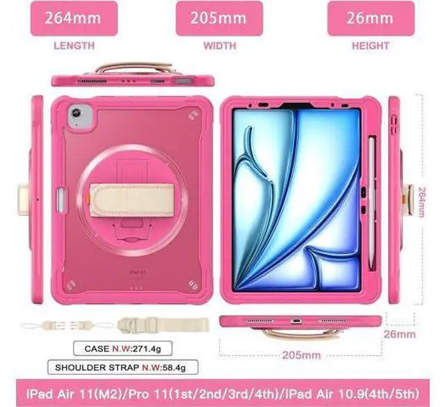 Alt view image 2 of 7 - iPad Air 11 inch Case 2024 M2 Chip Dual-Layer Protective Tablet Cover,Lightweight Durable,Shock-Absorbing Corners with 360° Rotating Hand Strap and Hidden Kickstand & Shoulder Strap, Pink
