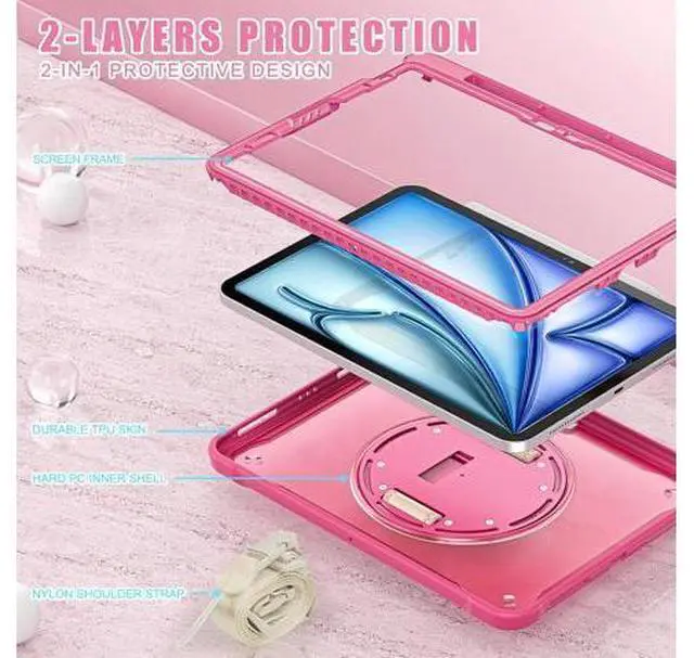Alt view image 3 of 7 - iPad Air 11 inch Case 2024 M2 Chip Dual-Layer Protective Tablet Cover,Lightweight Durable,Shock-Absorbing Corners with 360° Rotating Hand Strap and Hidden Kickstand & Shoulder Strap, Pink