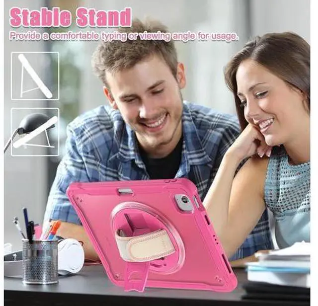 Alt view image 7 of 7 - iPad Air 11 inch Case 2024 M2 Chip Dual-Layer Protective Tablet Cover,Lightweight Durable,Shock-Absorbing Corners with 360° Rotating Hand Strap and Hidden Kickstand & Shoulder Strap, Pink