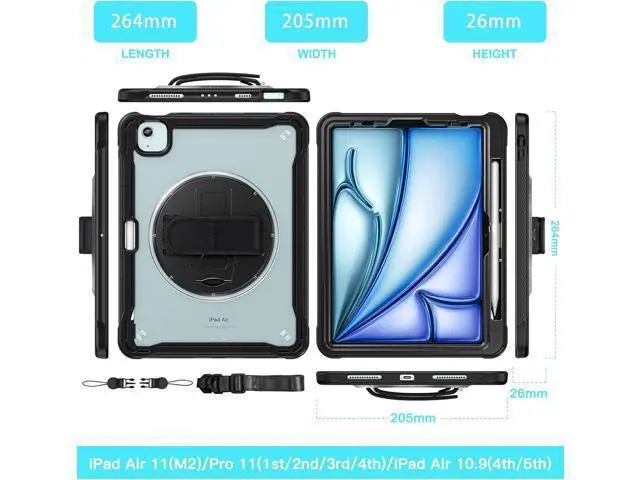 Alt view image 2 of 7 - iPad Air 11 inch Case 2024 M2 Chip Dual-Layer Protective Tablet Cover,Lightweight Durable,Shock-Absorbing Corners with 360° Rotating Hand Strap and Hidden Kickstand & Shoulder Strap, Black