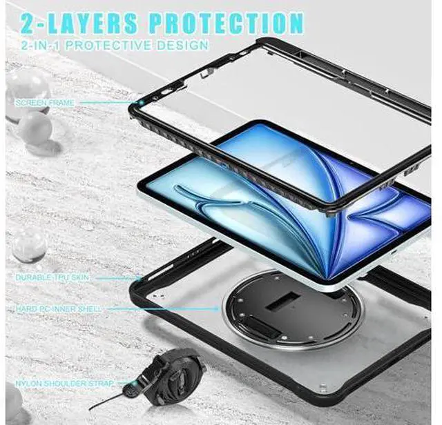 Alt view image 3 of 7 - iPad Air 11 inch Case 2024 M2 Chip Dual-Layer Protective Tablet Cover,Lightweight Durable,Shock-Absorbing Corners with 360° Rotating Hand Strap and Hidden Kickstand & Shoulder Strap, Black