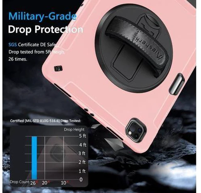 Alt view image 2 of 7 - Case for iPad Pro 12.9 2022/2021: Military Grade Heavy Duty Shockproof Cover for iPad Pro 12.9 Inch 6th/5th Generation- Pencil Holder - Rotating Stand - Hand/Shoulder Strap - Pink