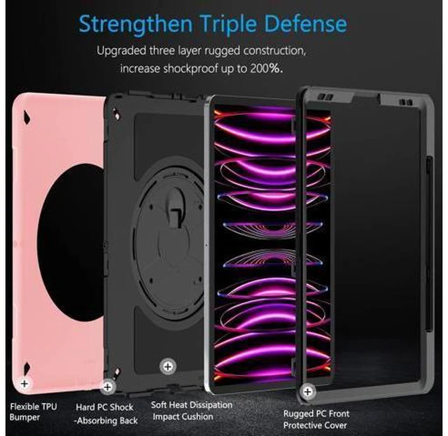 Alt view image 3 of 7 - Case for iPad Pro 12.9 2022/2021: Military Grade Heavy Duty Shockproof Cover for iPad Pro 12.9 Inch 6th/5th Generation- Pencil Holder - Rotating Stand - Hand/Shoulder Strap - Pink