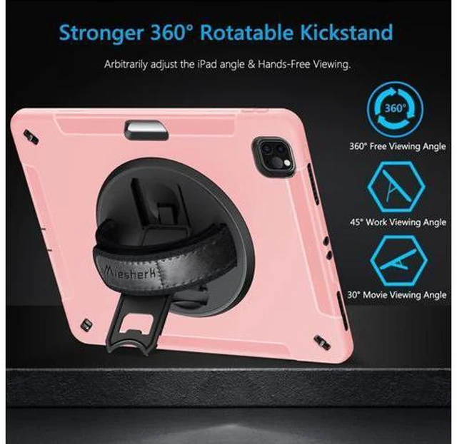 Alt view image 4 of 7 - Case for iPad Pro 12.9 2022/2021: Military Grade Heavy Duty Shockproof Cover for iPad Pro 12.9 Inch 6th/5th Generation- Pencil Holder - Rotating Stand - Hand/Shoulder Strap - Pink