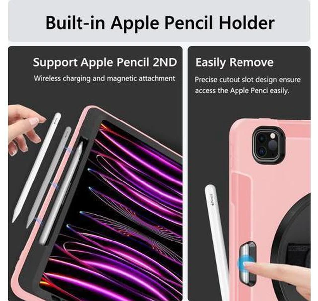 Alt view image 5 of 7 - Case for iPad Pro 12.9 2022/2021: Military Grade Heavy Duty Shockproof Cover for iPad Pro 12.9 Inch 6th/5th Generation- Pencil Holder - Rotating Stand - Hand/Shoulder Strap - Pink