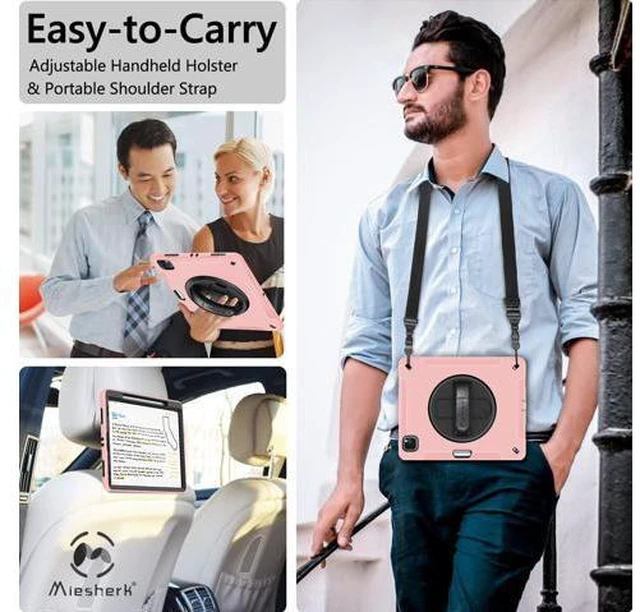 Alt view image 6 of 7 - Case for iPad Pro 12.9 2022/2021: Military Grade Heavy Duty Shockproof Cover for iPad Pro 12.9 Inch 6th/5th Generation- Pencil Holder - Rotating Stand - Hand/Shoulder Strap - Pink