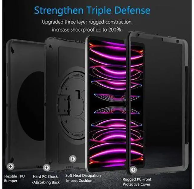 Alt view image 3 of 7 - Case for iPad Pro 12.9 2022/2021: Military Grade Heavy Duty Shockproof Cover for iPad Pro 12.9 Inch 6th/5th Generation- Pencil Holder - Rotating Stand - Hand/Shoulder Strap - Jade Green